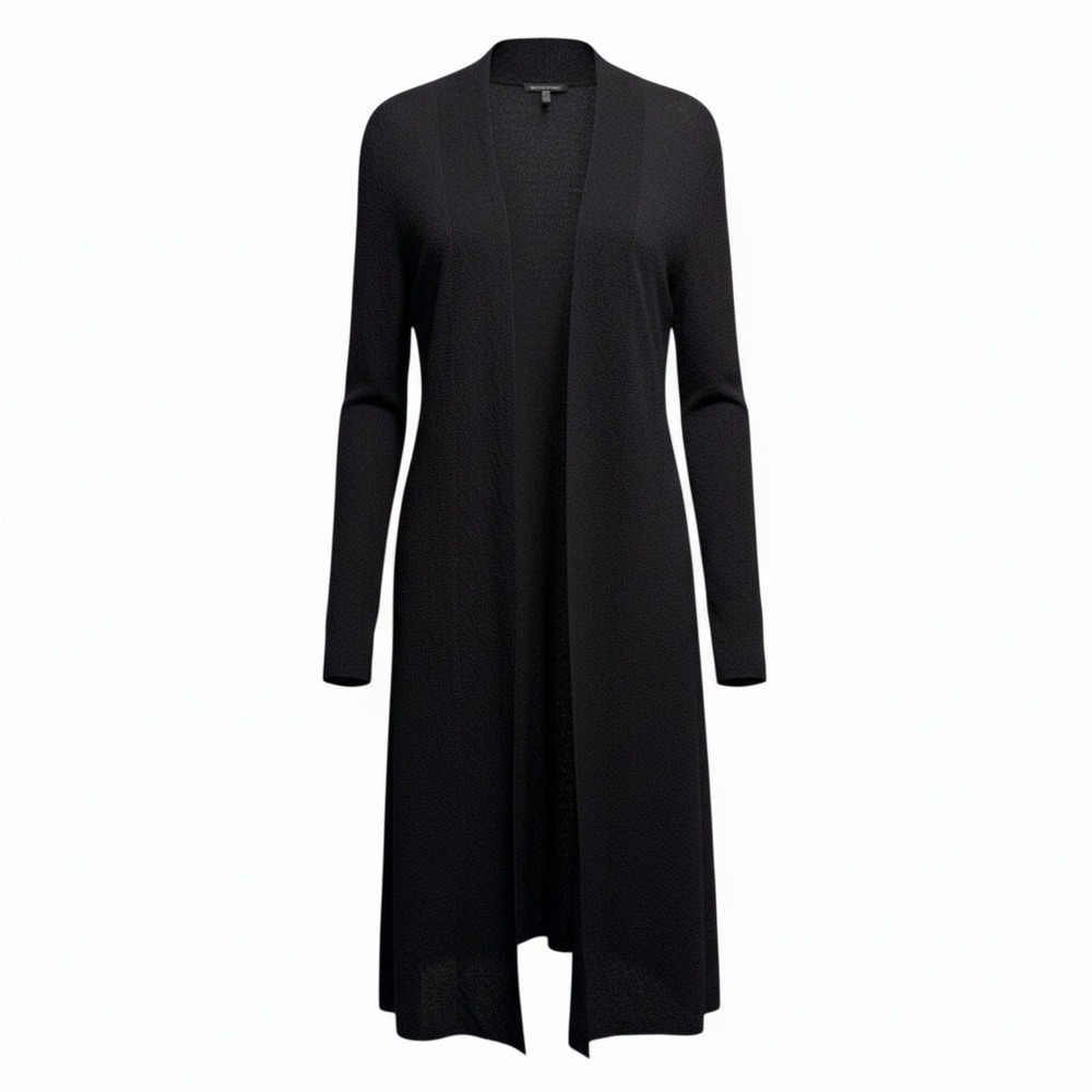 Eileen Fisher Black Open-Front Long Italian Wool Cardigan Textured Knit | Size L